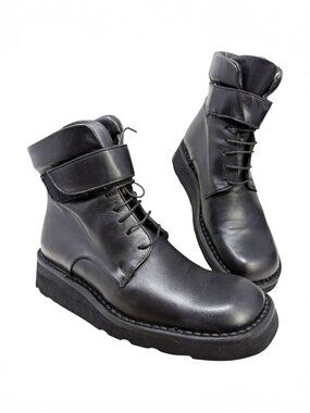 Alter Ego Black Calves Leather‎ Wedge Combat Boots